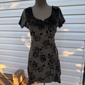 Stunning Vintage 90s Dark Olive Green Floral Velvet Mini Dress